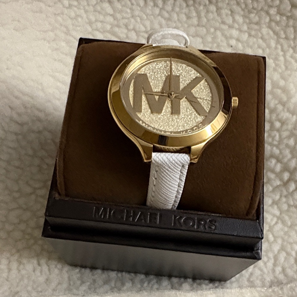 Michael Kors Gold and White MK Logo Glitter Dial Watch